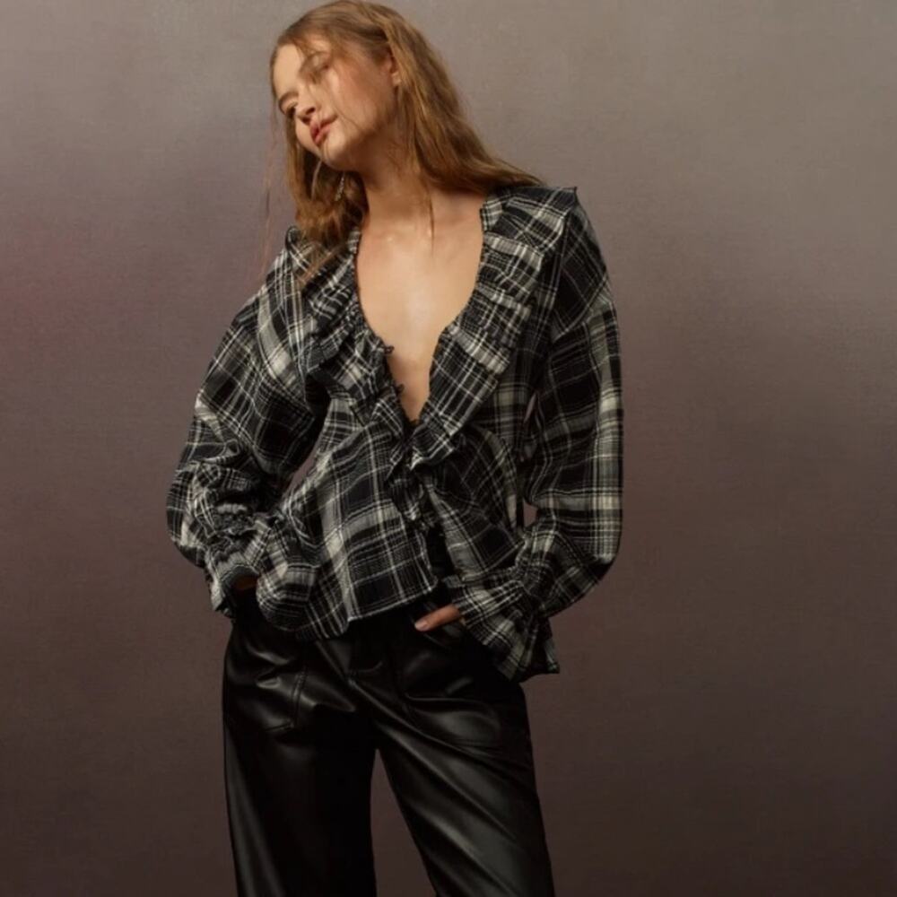 NWT‎ Anthropologie Pilcro plaid long sleeved ruffle blouse Sz S